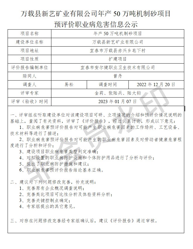 萬載縣新藝礦業(yè)有限公司年產(chǎn)50萬噸機(jī)制砂項(xiàng)目預(yù)評(píng)價(jià)職業(yè)病危害信息公示.jpg