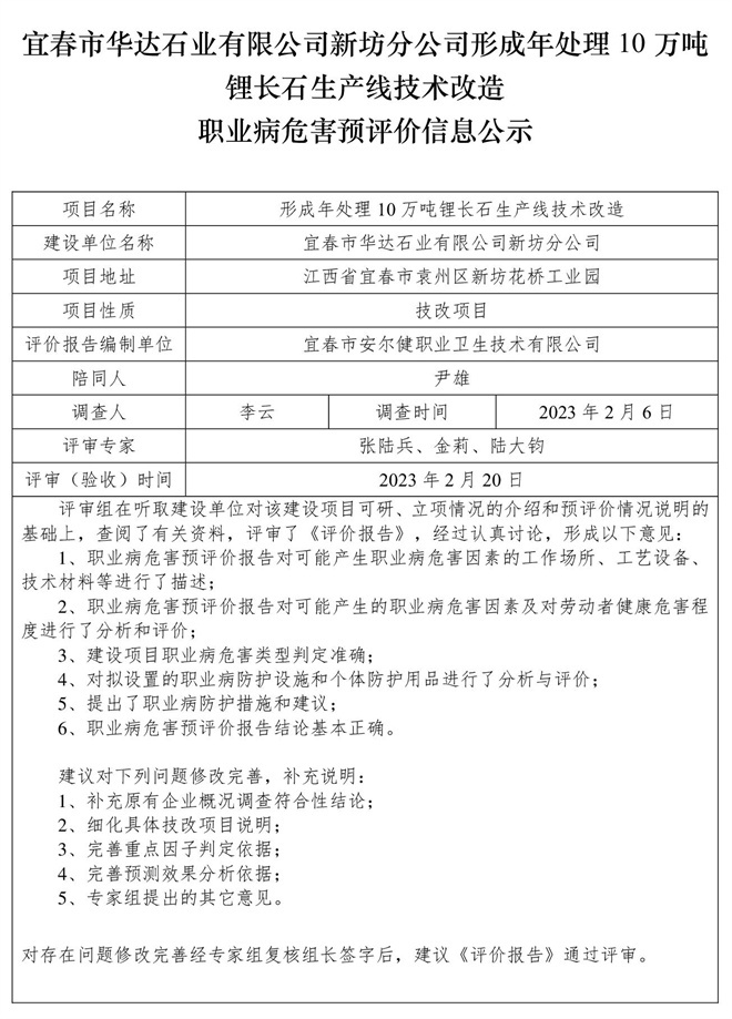 宜春市華達石業(yè)有限公司新坊分公司形成年處理10萬噸鋰長石生產(chǎn)線技術(shù)改造職業(yè)病危害預(yù)評價信息公示.jpg