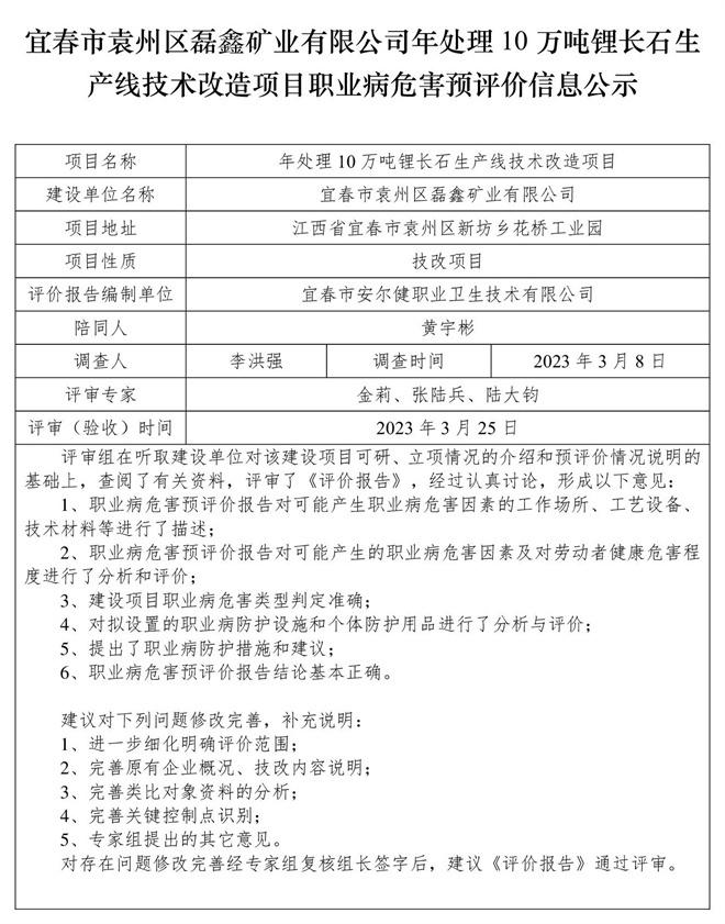 宜春市袁州區(qū)磊鑫礦業(yè)有限公司-年處理10萬噸鋰長(zhǎng)石生產(chǎn)線技術(shù)改造項(xiàng)目-  職業(yè)病危害預(yù)評(píng)價(jià)信息公示(1).jpg