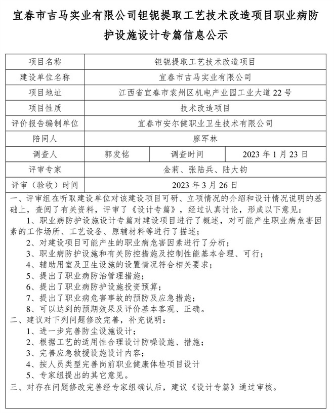 宜春市吉馬實業(yè)有限公司鉭鈮提取工藝技術改造項目職業(yè)病防護設施設計專篇信息公示.jpg